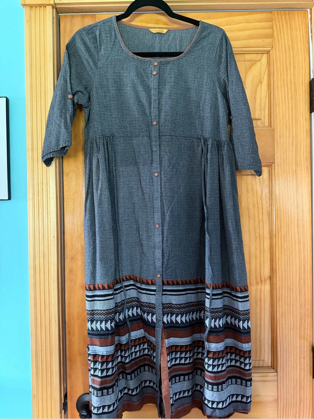 Aurelia Gray Midi Dress with Brown Border Trim